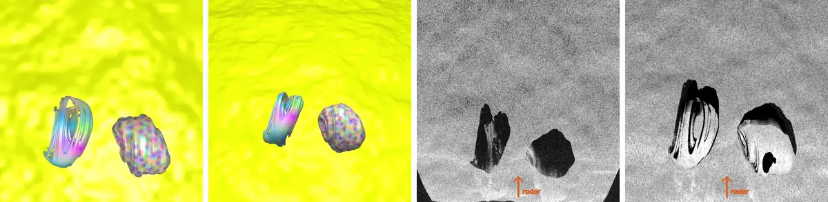 One fractal scene imaged by a nadir camera and by a simulated side-looking radar